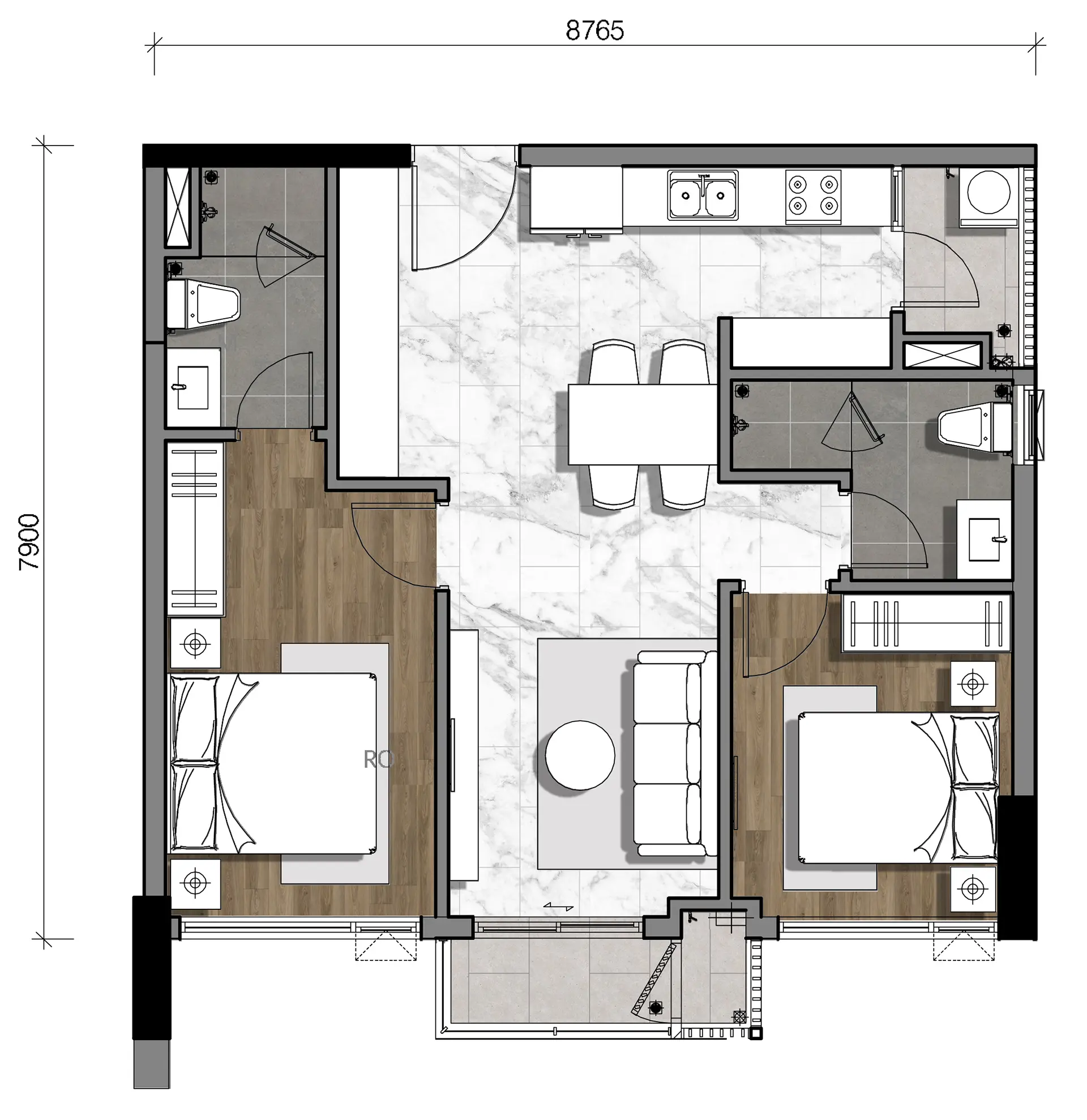Gladia Heights 64 Mặt bằng căn 11 tháp B2 loại 2BS-c-M