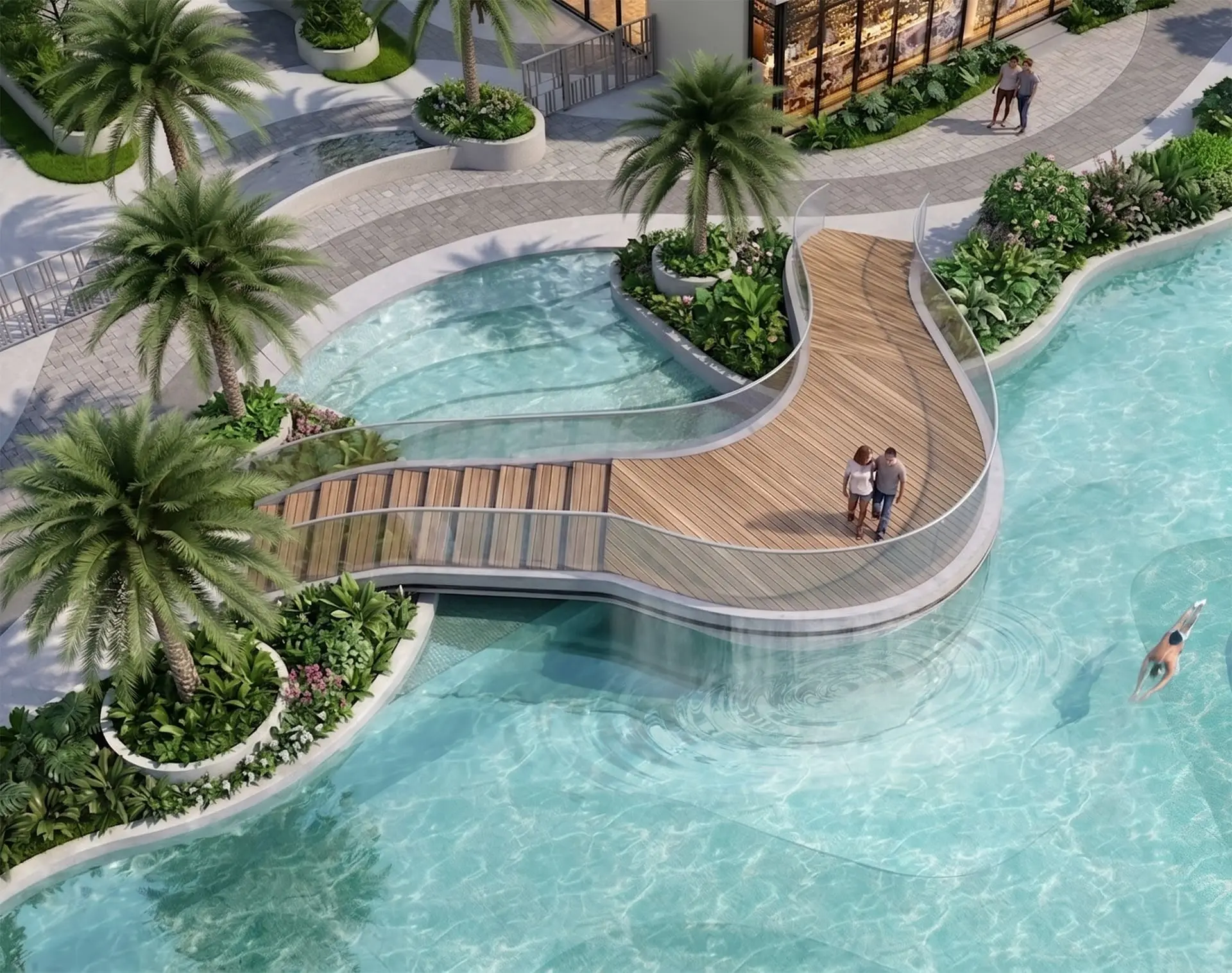 Gladia Heights 32 Cầu Bộ Hành với Hiệu Ứng Phun Sương với Tiểu Cảnh Thác Nước và Tiểu Cảnh Nước Ban Ngày