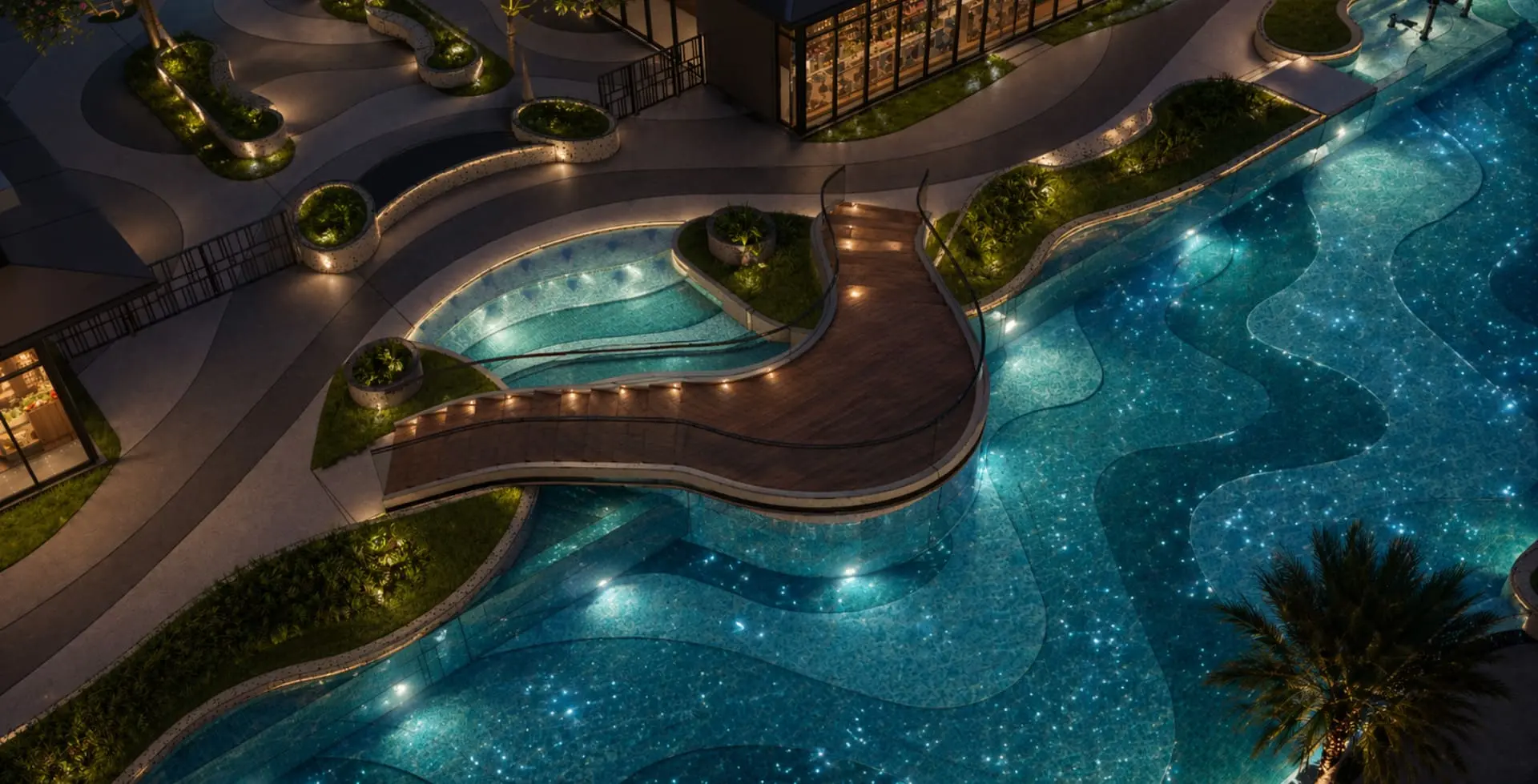 Gladia Heights 33 Cầu Bộ Hành với Hiệu Ứng Phun Sương với Tiểu Cảnh Thác Nước và Tiểu Cảnh Nước Ban Đêm